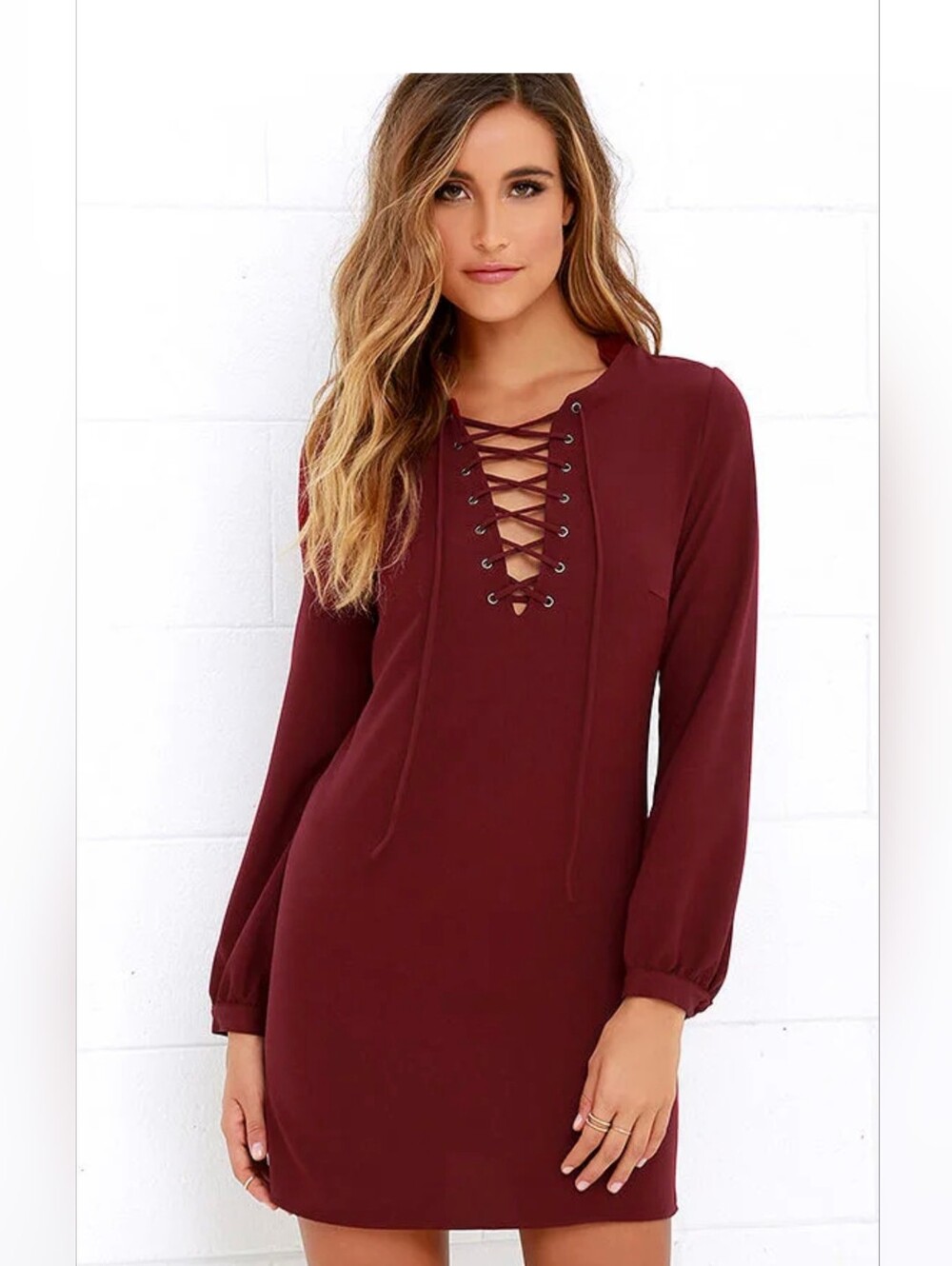 Lulu's Burgundy Lace-Up Long Sleeve Shift Dress